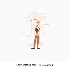 Hand drawn vector abstract stock graphic summer time cartoon,minimalistic style illustrations print with bohemian beautiful female sunbathes and standing on the beach,isolated on white background.