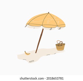 Hand drawn vector abstract stock graphic summer time cartoon,minimalistic illustrations print,with beautiful boho umbrella and picnic on tropical beach solated on white background.