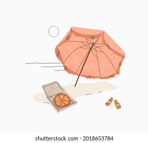 Hand drawn vector abstract stock graphic summer time cartoon,minimalistic illustrations print,with beautiful boho umbrella and picnic on tropical beach solated on white background.