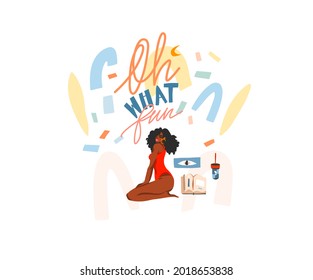 Hand drawn vector abstract stock graphic illustration with young smiling positive african american female reading book and handwritten lettering,quote Oh what fun isolated on white background