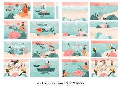 Hand drawn vector abstract stock graphic summer time cartoon, contemporary illustrations prints bundle collection set with beach surfers group characters,mermaids and family beach scenes backgrounds.