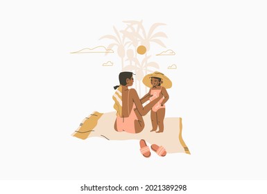 Hand drawn vector abstract stock graphic summer time cartoon,minimalistic style illustrations with bohemian beautiful mom and daughter sunbathes and sitting on the beach,isolated on white background.