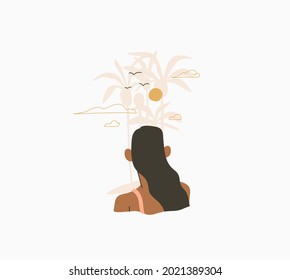 Hand drawn vector abstract stock graphic summer time cartoon,minimalistic style illustration print with bohemian beautiful girl swimming on the tropical palm beach,isolated on white background.