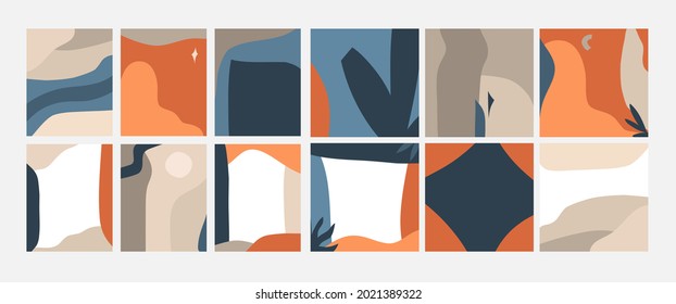 Hand drawn vector abstract stock graphic illustration art cards set,with modern collage minimal geometric nature artistic contemporary print template of boho shapes and silhouettes in neutral colors.