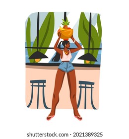 Hand drawn vector abstract stock graphic illustration with young happy black afro american beauty female, carries a basket of fruit on his head in urban cafe isolated on white background.