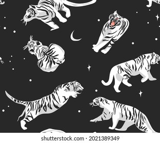 Hand drawn vector abstract stock modern graphic illustrations,safari bohemian contemporary seamless pattern print with exotic wild white tigers animals moon and stars,striped texture.