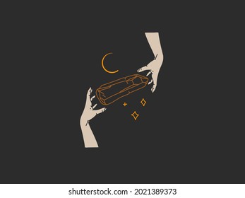 Hand drawn vector abstract stock flat graphic illustration with logo element,bohemian magic art of crystal silhouette,crescent,woman hand in simple style for branding,isolated on color background