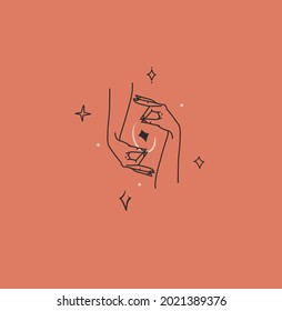 Hand drawn vector abstract stock flat graphic illustration with logo element,bohemian magic line art of crescent and stars in woman hand ,simple style for branding,isolated on color background.