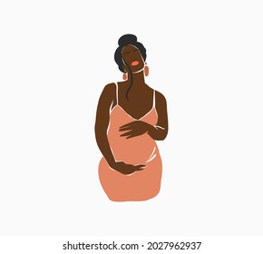 Hand drawn vector abstract stock flat graphic contemporary line art,aesthetic fashion illustration with bohemian,beautiful modern black female pregnancy portrait in simple trendy style,for branding.