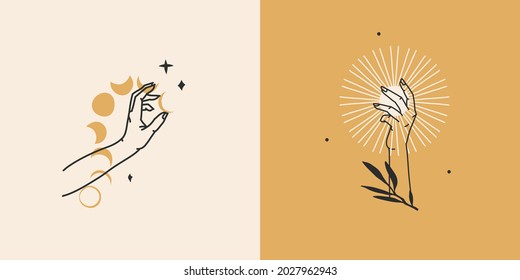 Hand drawn vector abstract stock flat graphic illustration with minimal logo element collection set,occult mystery human hand with moon and stars line drawing,magic art in simple style for branding.