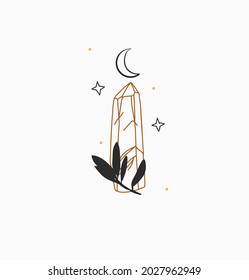 Gráfica plana de tipo vectorial dibujado a mano material abstracto con un mínimo elemento logotipo,arte de línea mágica bohemia de cristal, media luna y estrellas de estilo simple para marca, aislado en fondo blanco.
