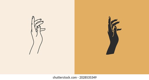 Hand drawn vector abstract stock flat graphic illustration with minimal logo element collection set,occult mystery witch hands touch line drawing and silhouette,magic art in simple style for branding.