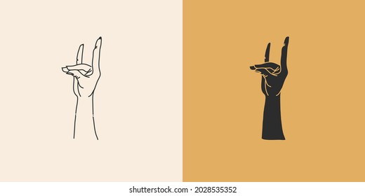 Hand drawn vector abstract stock flat graphic illustration with minimal logo element collection set,occult mystery witch hands touch line drawing and silhouette,magic art in simple style for branding.