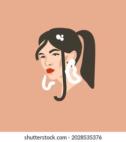 Hand drawn vector abstract stock flat graphic contemporary line art,aesthetic fashion illustration with bohemian,beautiful modern female portrait in simple trendy style isolated on pastel background.