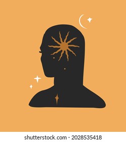 Hand drawn vector abstract stock flat graphic illustration with logo element,bohemian astrology magic art of galaxy space,crescent moon,stars,sun and woman silhouette,simple style for branding.