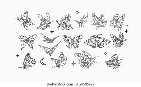 Hand drawn vector abstract stock flat graphic illustrations collection set bundle with logo elements,bohemian magic line art of mystic flying butterfly and moth,feminine simple style for branding