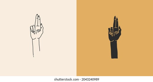Hand drawn vector abstract stock flat graphic illustration with minimal logo element collection set,occult mystery witch hands touch line drawing and silhouette,magic art in simple style for branding.