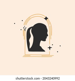 Hand drawn vector abstract stock flat graphic illustration with logo element,bohemian astrology magic art of mystic astronomy crescent moon,stars and sacred woman silhouette,simple style for branding.