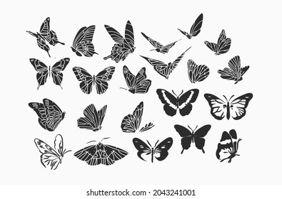 Hand drawn vector abstract stock flat graphic illustrations collection set bundle with logo elements,bohemian magic line silhouette art of mystic flying butterfly and moth,feminine simple style.