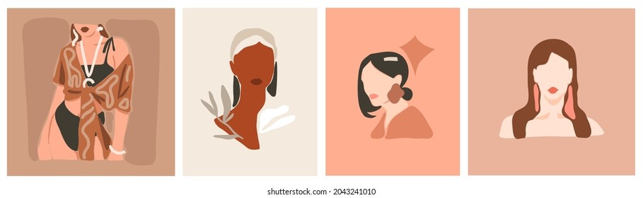 Hand drawn vector abstract stock flat graphic contemporary art,aesthetic fashion illustrations collection set with bohemian,beautiful modern collage female posters in minimal style.
