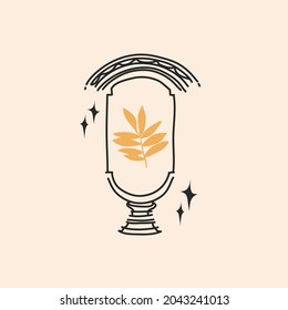 Gráfica plana de material abstracto de vectores dibujado a mano con elemento logotipo,astrología bohemia magia emblema minimalista del portal de arco de línea mística y hojas, estilo simple para marca.