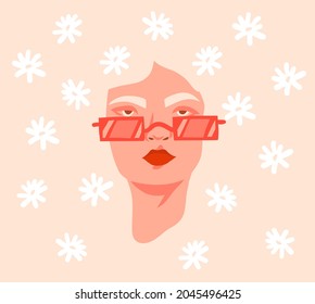 Gráfica gráfica plana con vectores dibujados a mano material abstracto gráfico plano con retro vintage groovy hippie 60,70's boho moderno retrato femenino con flores de margarita en su cabello aislada en el fondo de color.
