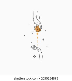Hand drawn vector abstract stock flat graphic illustration with branding logo,bohemian celestial magic art of moon phases silhouette in human line hands,simple style,magic astrology logo concept.