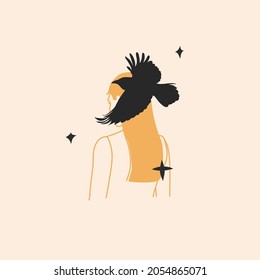 Hand drawn vector abstract stock flat graphic illustration with logo element,bohemian astrology magic art of mystic astronomy line girl,stars and raven bird silhouette,simple style for branding.