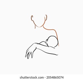 Hand drawn vector abstract stock flat graphic contemporary line art,aesthetic fashion illustration with bohemian,beautiful modern female with a baby in her arms in simple trendy style,for branding.