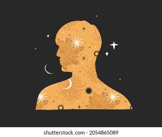 Hand drawn vector abstract stock flat graphic illustration with logo element,bohemian astrology magic art of galaxy space,crescent moon,stars,sun and human silhouette,simple style for branding.