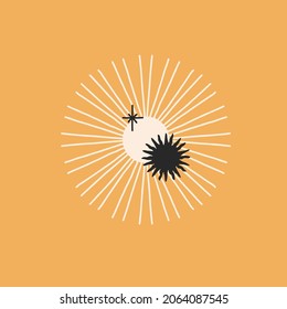 Hand drawn vector abstract stock flat graphic illustration with logo element,bohemian astrology magic minimalistic emblem of mystic golden sun and moon phases silhouettes,simple style for branding.