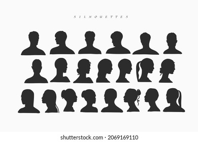 Hand drawn vector abstract stock flat graphic illustrations collection set bundle with logo element,icon silhouette of beauty people head in simple style for branding,isolated on white background.