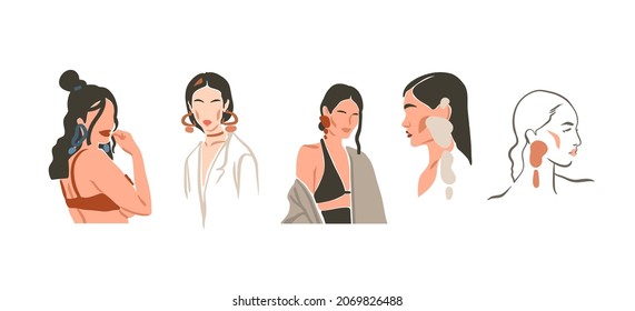 Hand drawn vector abstract stock flat graphic contemporary aesthetic fashion illustrations collection set with bohemian,beautiful modern collage female in minimal style isolated on white background.