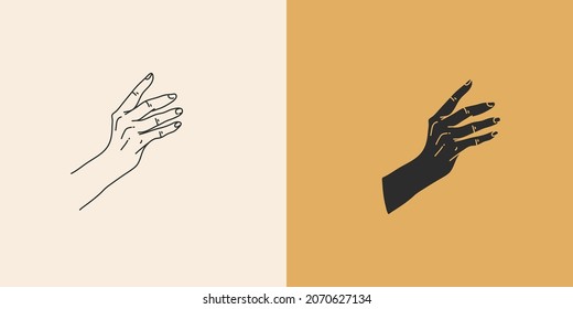 Hand drawn vector abstract stock flat graphic illustration with minimal logo element collection set,occult mystery witch hands touch line drawing and silhouette,magic art in simple style for branding.