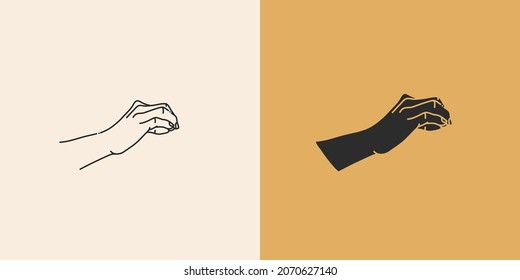 Hand drawn vector abstract stock flat graphic illustration with minimal logo element collection set,occult mystery witch hands touch line drawing and silhouette,magic art in simple style for branding.