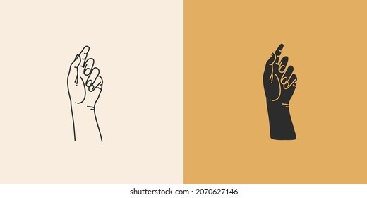 Hand drawn vector abstract stock flat graphic illustration with minimal logo element collection set,occult mystery witch hands touch line drawing and silhouette,magic art in simple style for branding.