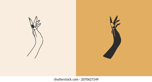Hand drawn vector abstract stock flat graphic illustration with minimal logo element collection set,occult mystery witch hands touch line drawing and silhouette,magic art in simple style for branding.