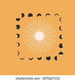 Hand drawn vector abstract stock flat graphic illustration with logo element,bohemian astrology magic minimalistic emblem of mystic golden sun and moon phases silhouettes,simple style for branding.