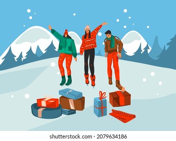 Hand drawn vector abstract stock graphic Merry Christmas and Happy New Year cartoon,illustration scene with happy people,present box and Christmas tree isolated on outdoor winter color background.