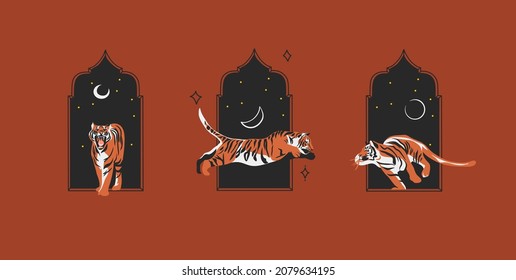 Hand drawn vector abstract stock graphic cartoon illustration with beauty cute celestial trendy wildlife tiger,moon and stars in portal arch isolated on color background,clipart tiger Chinese New Year