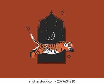 Hand drawn vector abstract stock graphic cartoon illustration with beauty cute celestial trendy wildlife white,moon tiger,moon and stars isolated on color background, clipart tiger Chinese New Year.