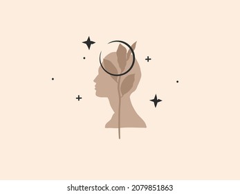Gráfica gráfica plana de tipo vectorial dibujada a mano material abstracto gráfico plano con elemento logotipo,arte mágico bohemio de media luna,silueta humana y hoja de flores en estilo simple para marca, aislado en fondo de color