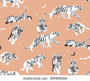 Hand drawn vector abstract stock modern graphic illustrations,safari bohemian contemporary seamless pattern print with exotic wild tigers animals striped texture in pastel colors.
