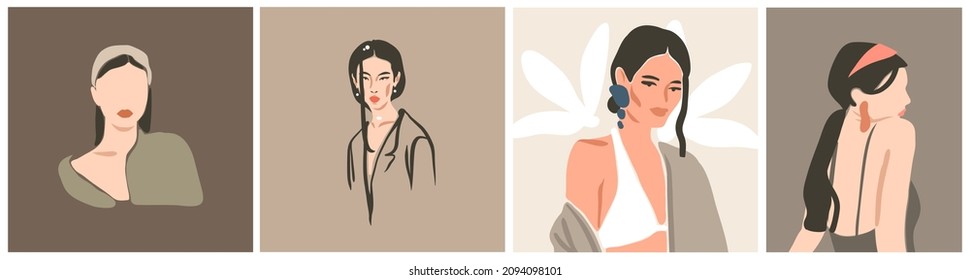 Hand drawn vector abstract stock flat graphic contemporary art,aesthetic fashion illustrations collection set with bohemian,beautiful modern collage female posters in minimal style.