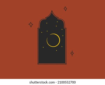 Hand drawn vector abstract stock flat graphic illustration with logo element,astrology bohemian magic art of moon crescent in arch silhouette in simple style for branding,isolated on color background.