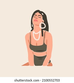 Hand drawn vector abstract stock flat graphic contemporary line art,aesthetic fashion illustration with bohemian,beautiful modern female portrait in simple trendy style isolated on white background.