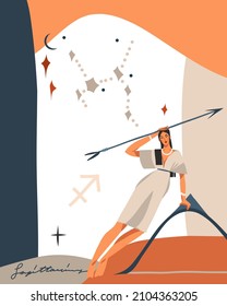 Hand drawn vector abstract stock graphic simple astrology celestial illustration art with modern,collage artistic contemporary print template of boho zodiac sign Sagittarius with female character.