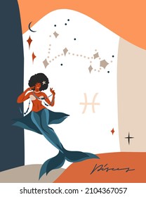 Hand drawn vector abstract stock graphic simple astrology celestial illustration art with modern,collage artistic contemporary print template of boho zodiac sign Pisces with female character.