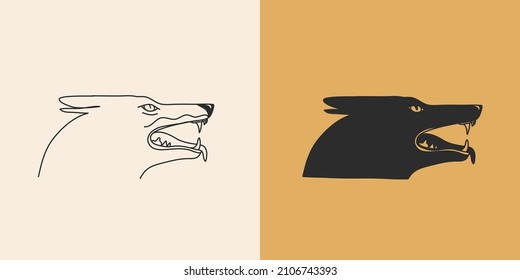 Hand drawn vector abstract stock flat graphic illustration with minimal logo elements collection set,occult mystery dog head line drawing and silhouette,magic art in simple style for branding