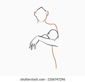 Hand drawn vector abstract stock flat graphic contemporary line art,aesthetic fashion illustration with bohemian,beautiful modern female with a baby in her arms in simple trendy style,for branding.